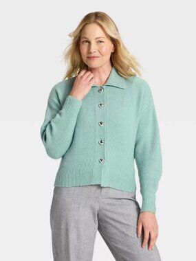 Women's Long Sleeve Heart Button Cardigan Sweater - A New Day Teal Small